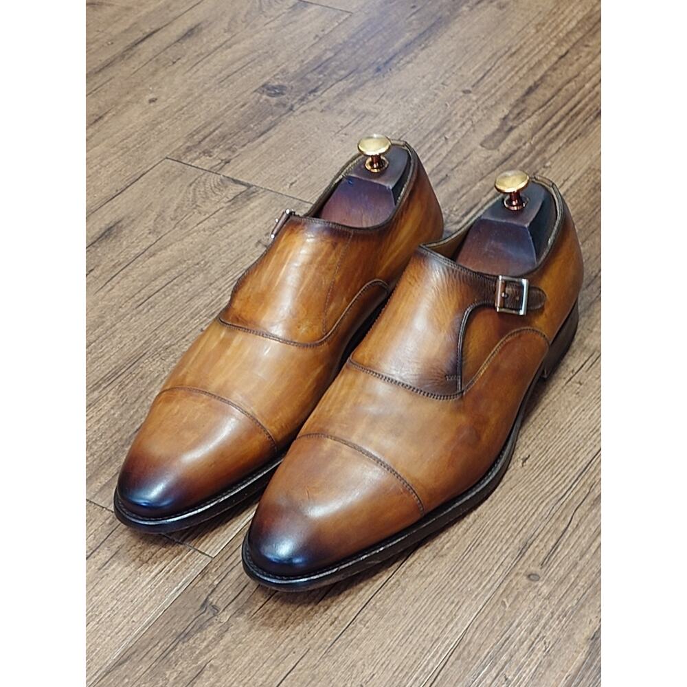 Magnanni Men’s Monk Strap 12M Natural Beige Brown Burnished Leather Dress Shoes
